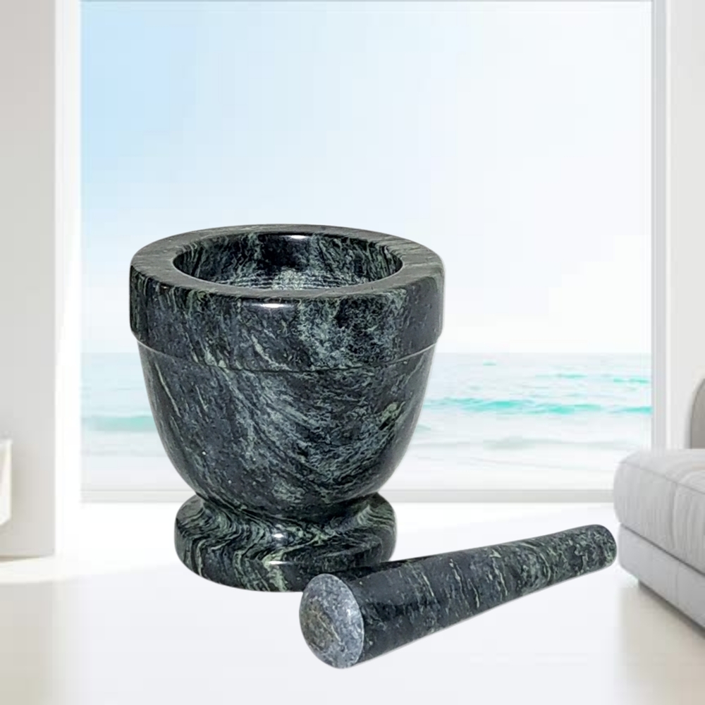 Black with Light Green Accdnts Marble Mortar and Pestle Set - Picture 3 of 6